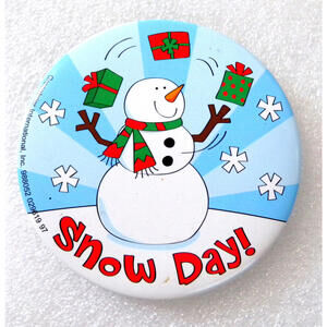 Snow Day! 3" Round Button  Snowman Juggling Presents